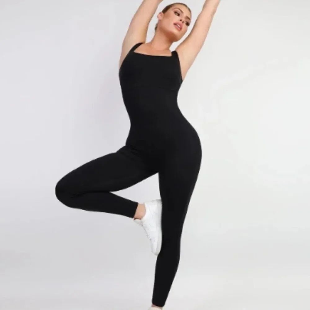 NWT Popilush Shapewear Square Neck Thigh Slimming Workout Jumpsuit Black Size S